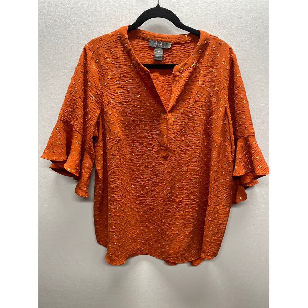 Women's Olivia‎ & Martin Orange Metallic Textured Bell Sleeve Tunic Top 1X